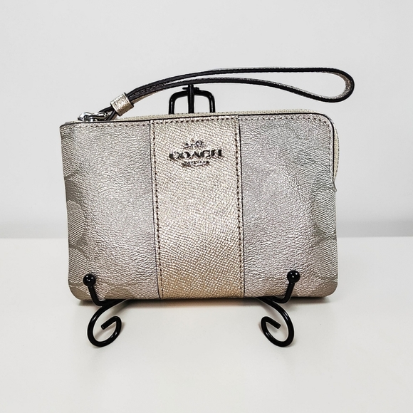 Coach Handbags - Coach Metallic Champagne Corner Zip Wristlet F38655 Pebbled Canvas EUC